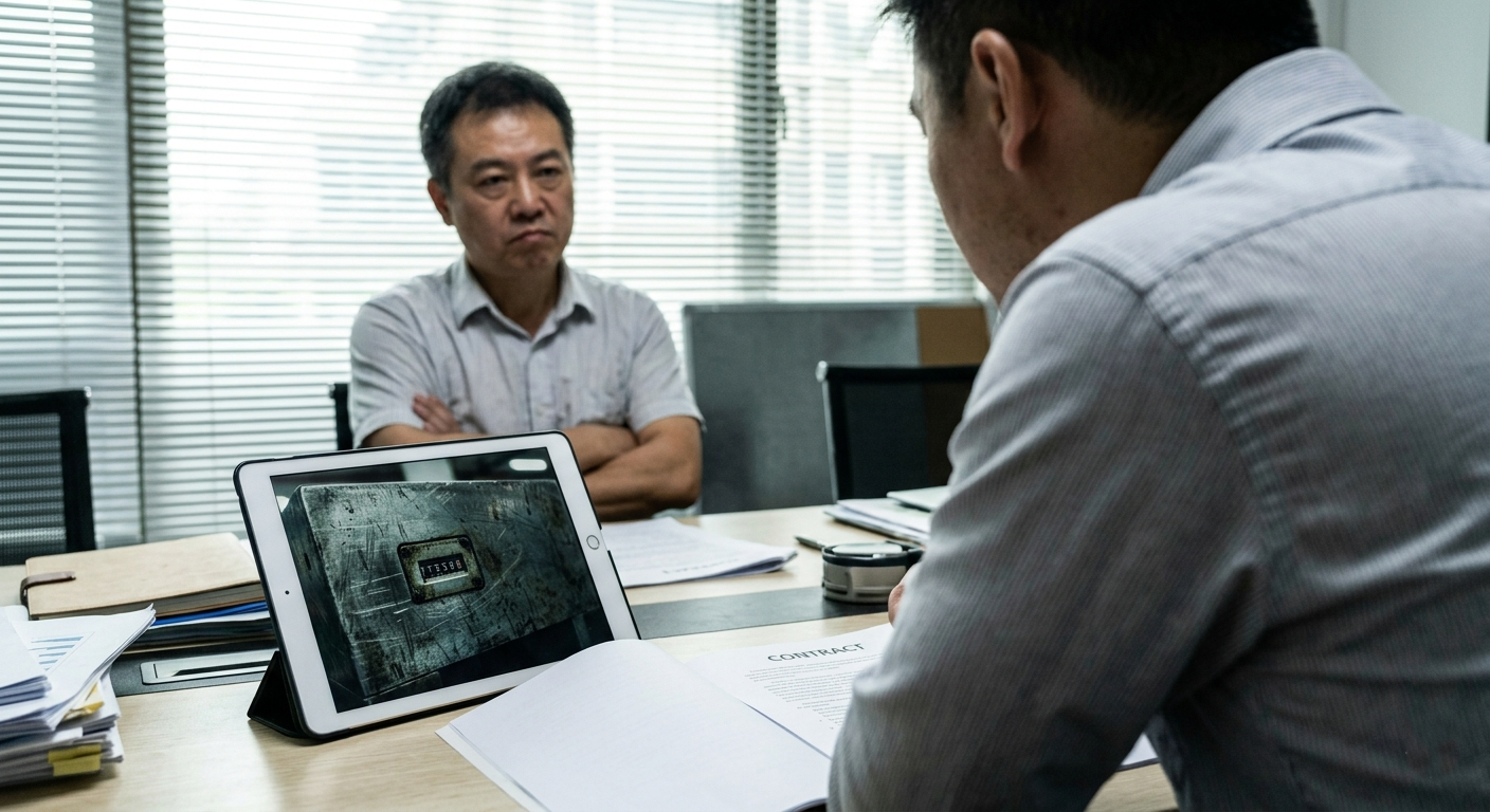 Tense negotiation table in a Shenzhen factory office with an auditor showing shot counter photographic evidence to a defensive supplier